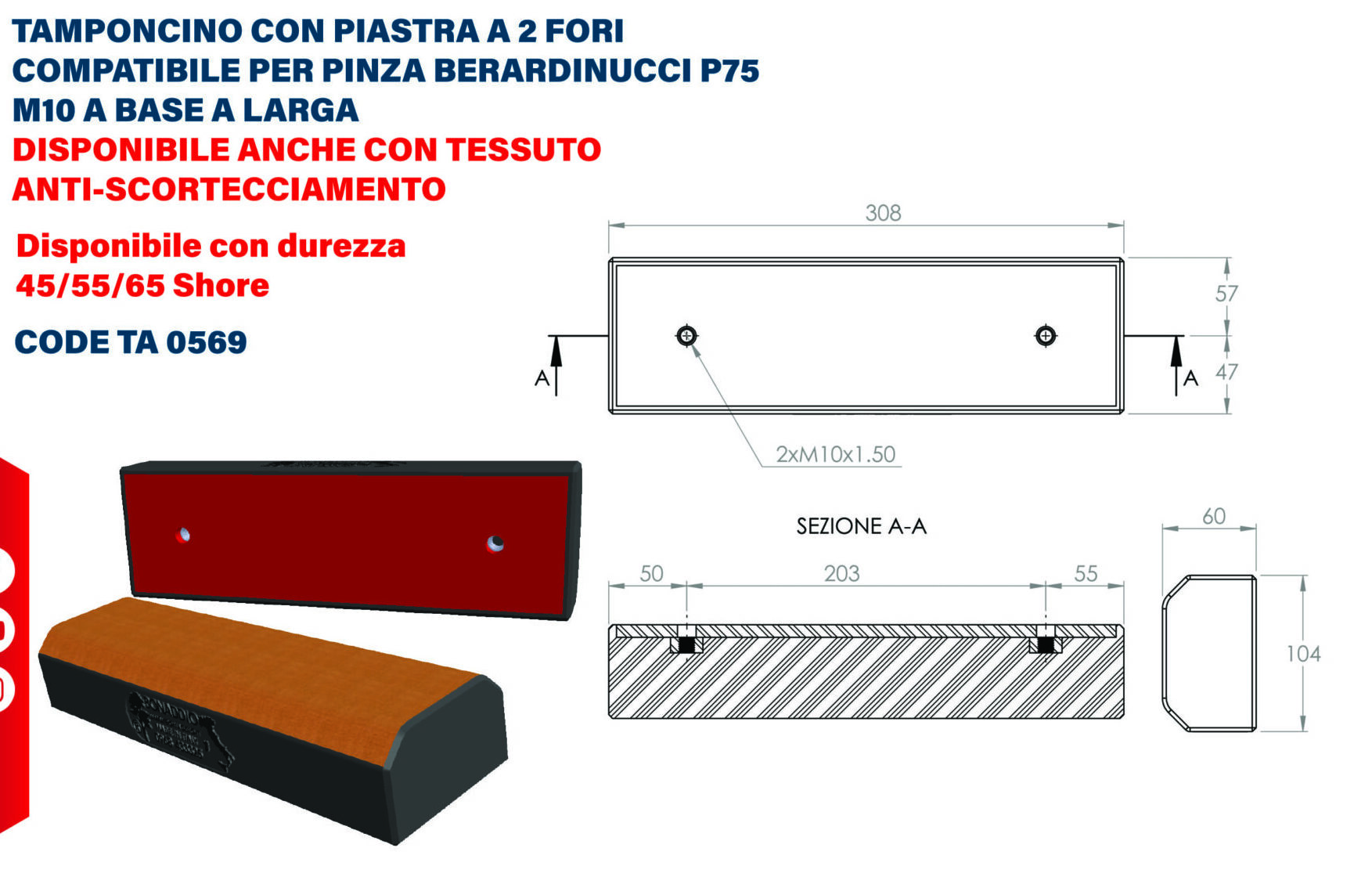 Tamponcino con piastra a 2 fori compatibile per pinza Berardinucci P75 M10 a base larga