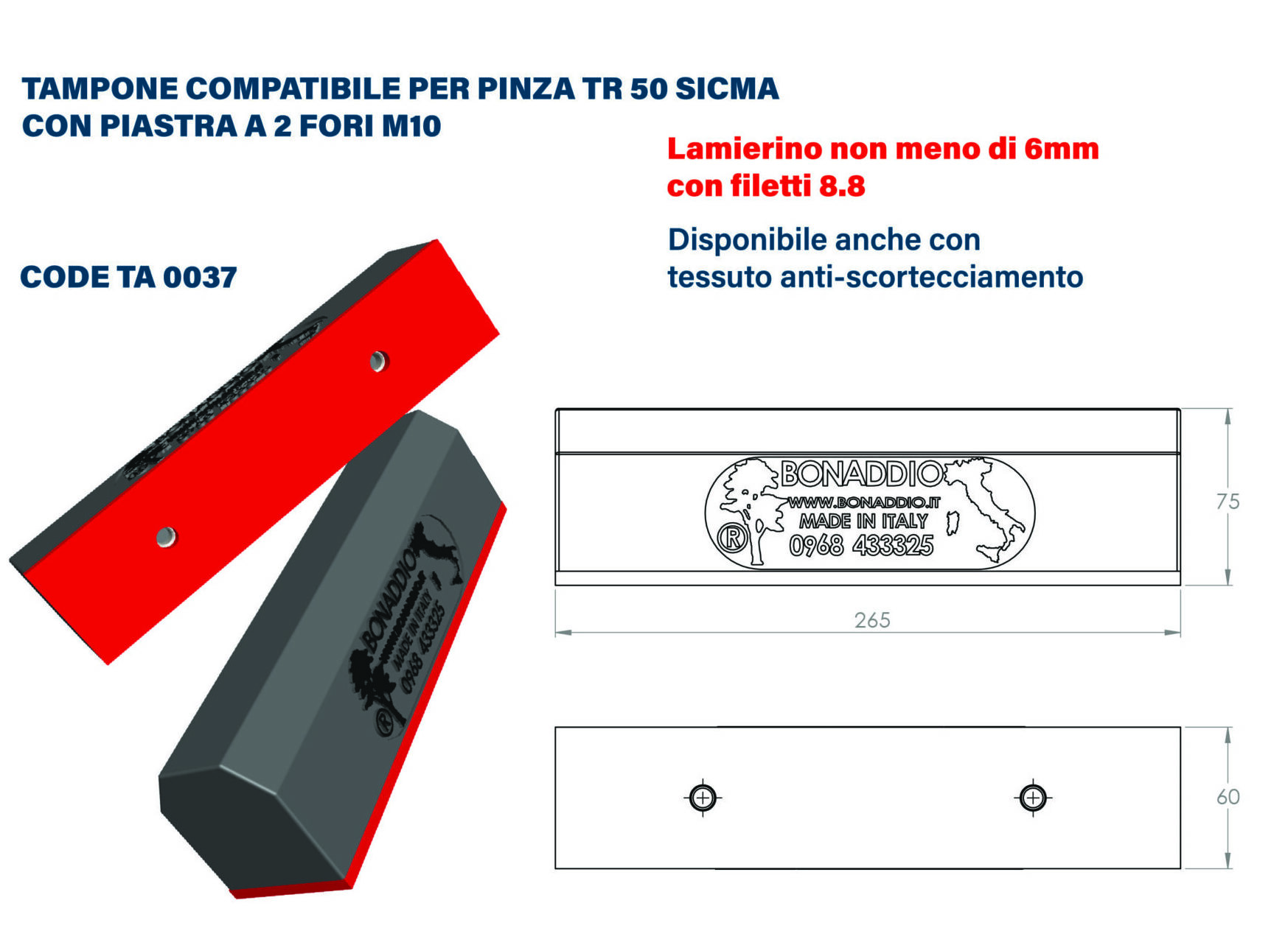 Tampone compatibile per pinza TR50 Sicma con piastra a 2 fori M10